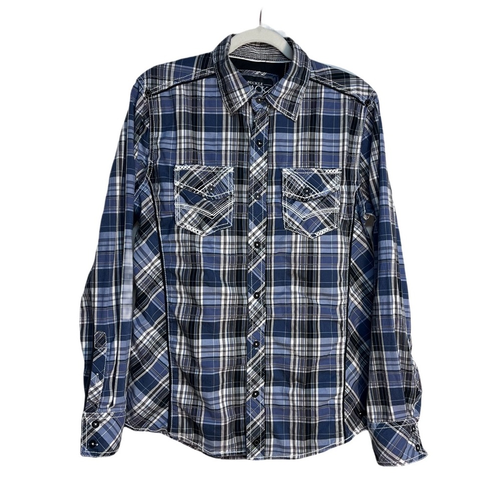 Men's Buckle Black Standard Fit sz S Western Button Down Long Sleeve Blue Gray